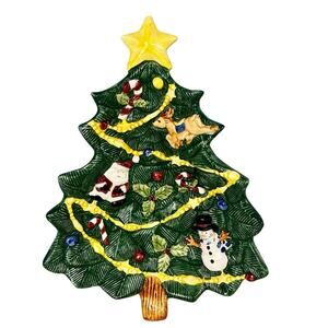 Vintage Ceramic Christmas Tree Platter Wall Hanging Santa Snowman Reindeer Dish